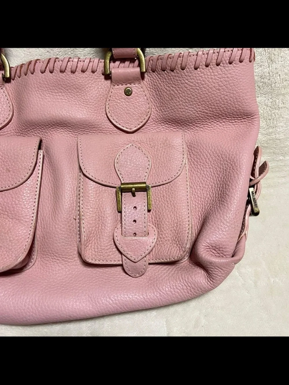 Mulberry Pink Leather Shoulder Bag with Front Buckle Pockets